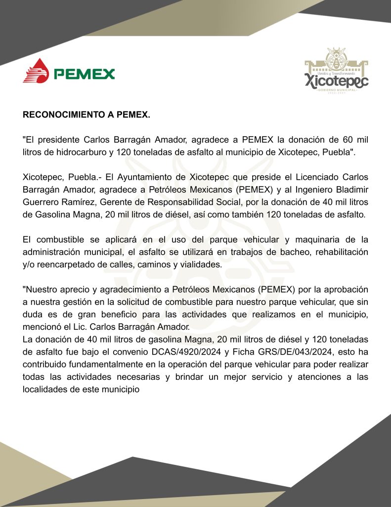 AGRADECIMIENTO A PEMEX POR SU GENEROSA DONACIÓN