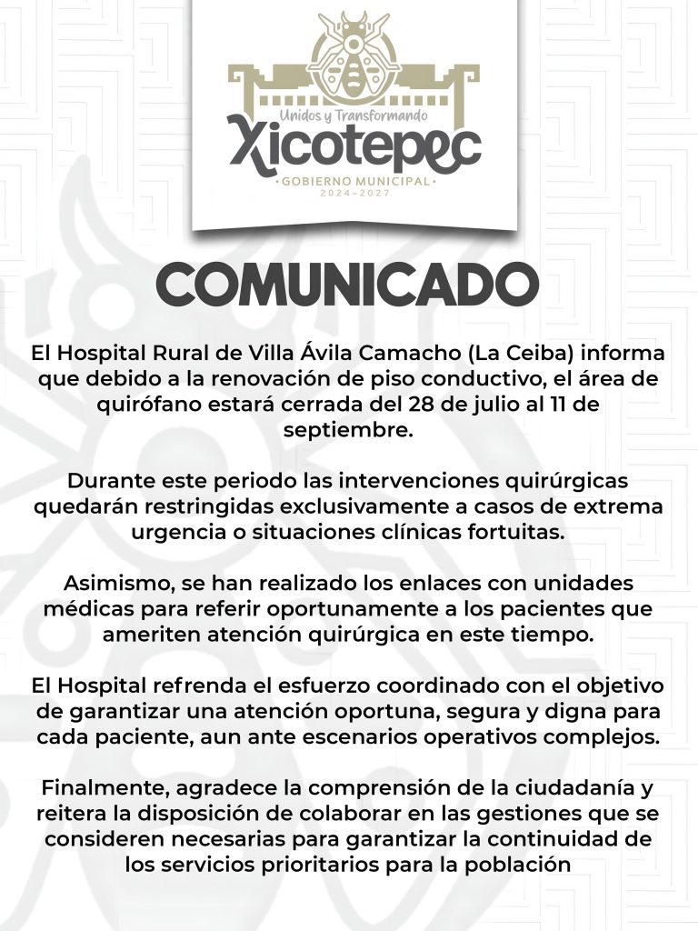 HOSPITAL DE LA CEIBA ANTICIPA CIERRE TEMPORAL DE QUIRÓFANO POR MANTENIMIENTO