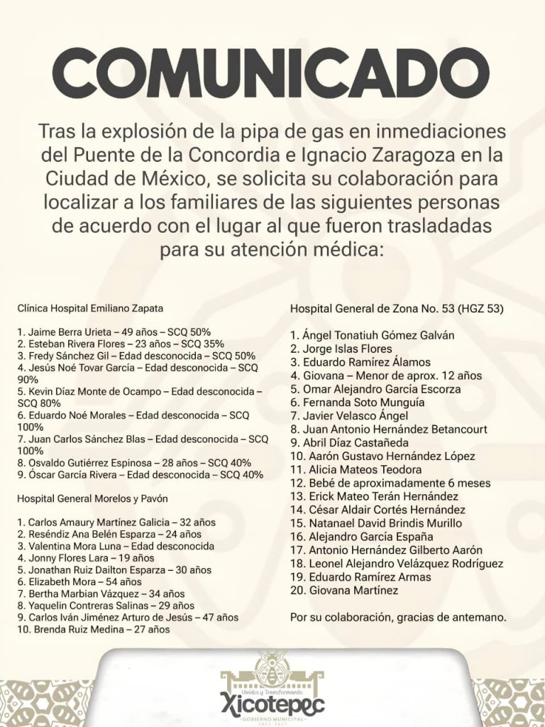 SE BUSCA A FAMILIARES DE LESIONADOS POR EXPLOSIÓN DE PIPA EN CDMX