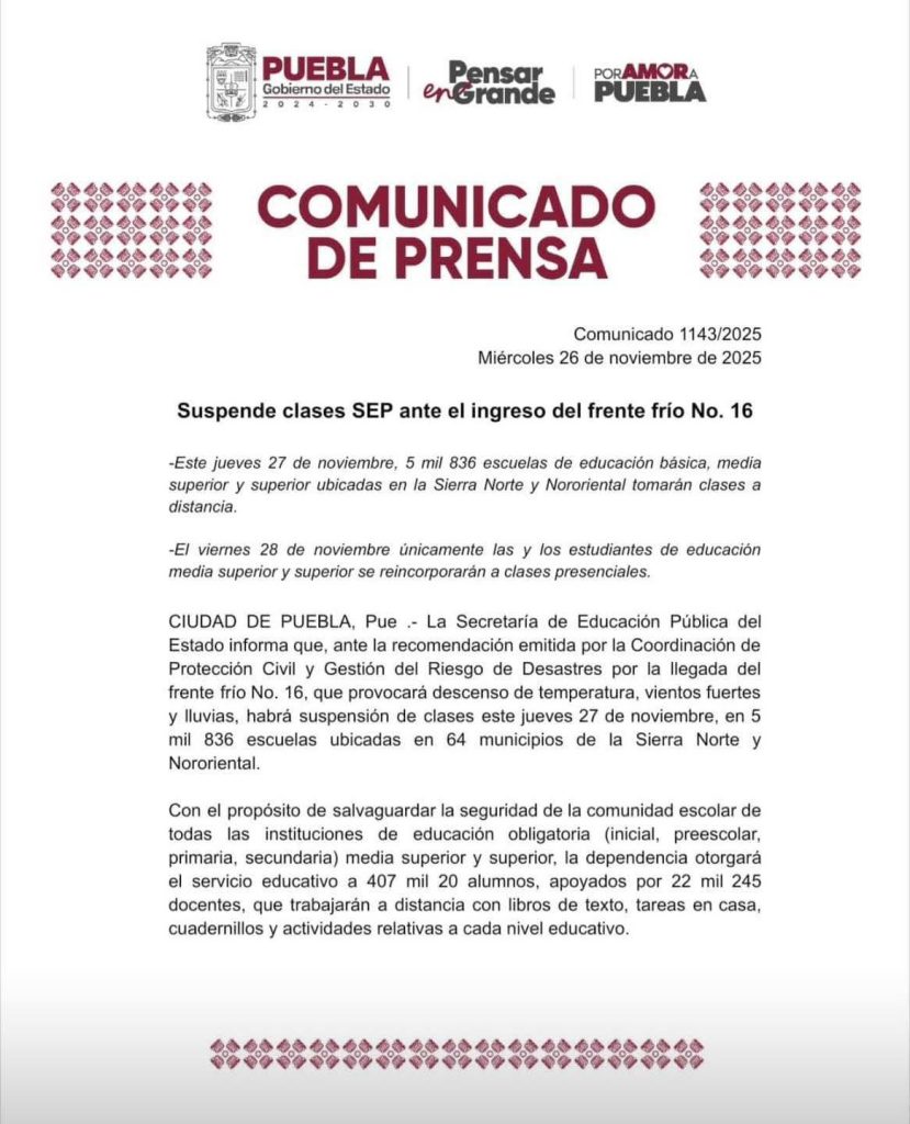 INFORMA SEP DE SUSPENSIÓN DE CLASES POR ENTRADA DE FRENTE FRÍO