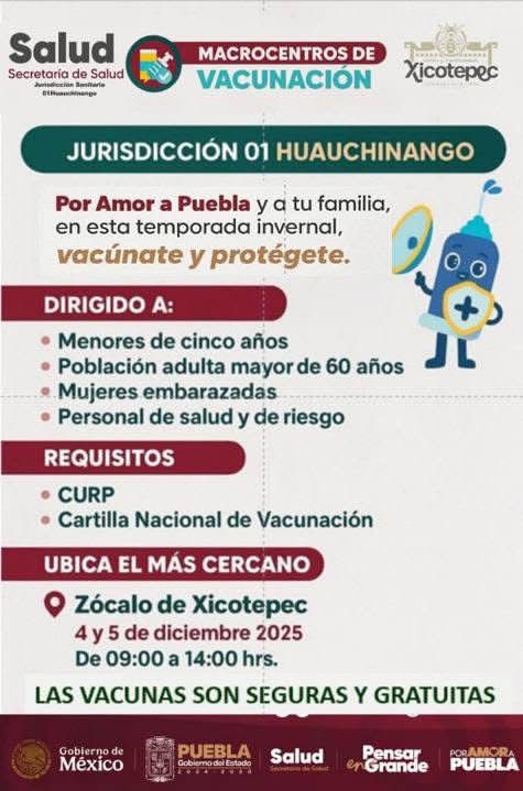 JORNADA DE VACUNACIÓN EN XICOTEPEC, CONOCE DÍAS, HORARIOS Y REQUISITOS