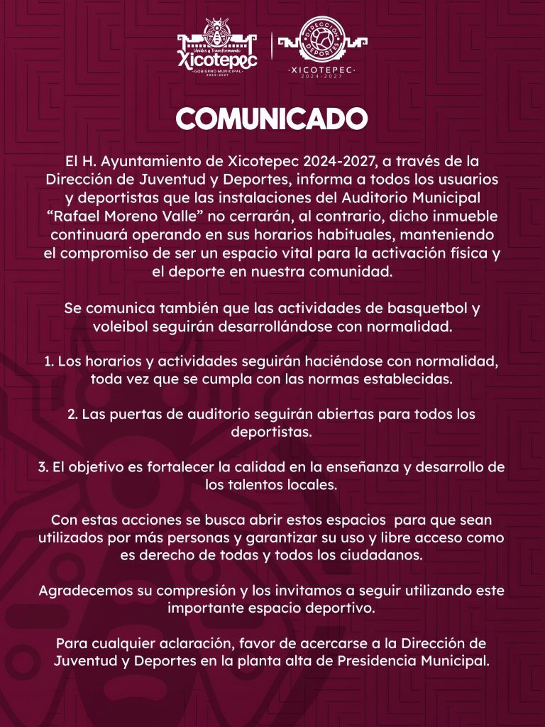 COMUNICADO DE LA DIRECCIÓN DE JUVENTUD Y DEPORTES