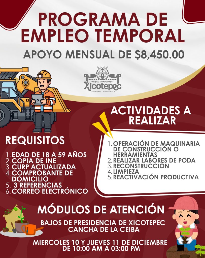 BOLSA DE TRABAJO EN XICOTEPEC Y LA CEIBA: ACUDE A LAS MESAS DE ATENCIÓN